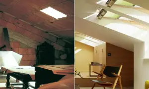 Przed i po metamorfozie poddasza. Z surowego strychu z ceglaną ścianką kolankową do jasnego, nowoczesnego wnętrza z oknami dachowymi.