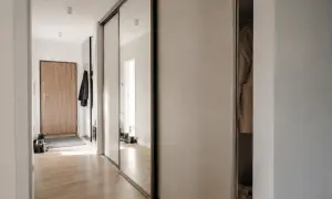 Jasny wiatrołap z drewnianą podłogą, drzwiami wejściowymi i szafą z lustrzanymi drzwiami.