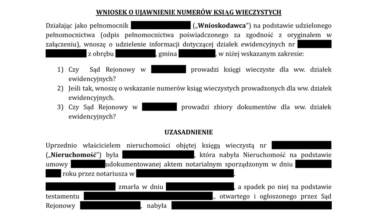 Wniosek o ujawnienie numerów ksiąg wieczystych. Działając jako pełnomocnik, wnoszę o informacje dotyczące działek ewidencyjnych, co może być wynikiem darowizny od obcej osoby.