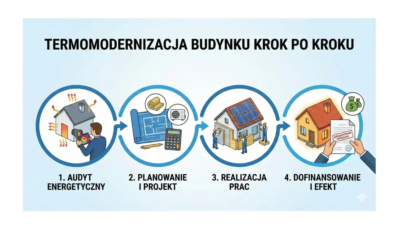 Schemat przedstawia termomodernizację budynku krok po kroku: audyt, planowanie, realizacja prac i dofinansowanie.