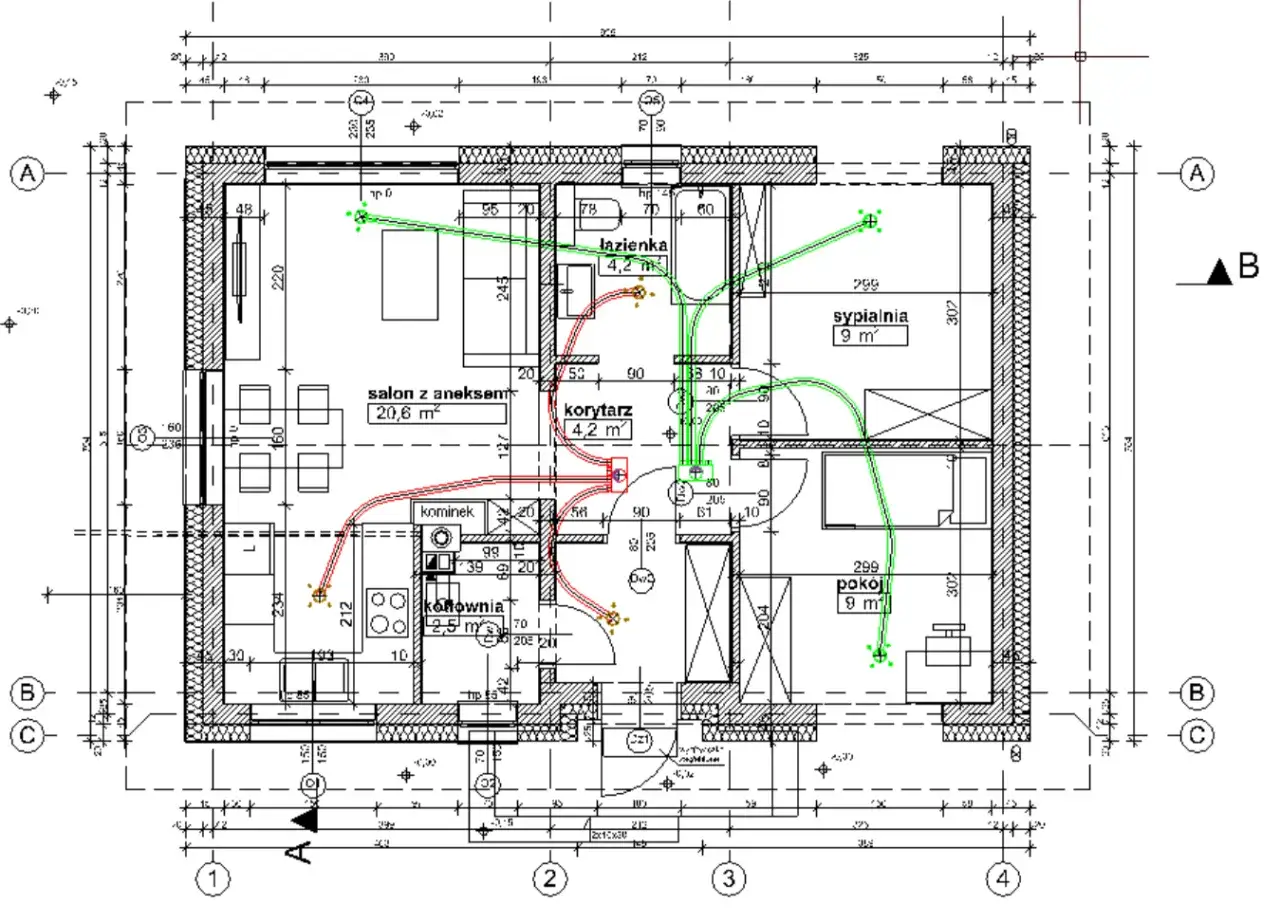 Plan mieszkania z zaznaczoną instalacją rekuperacji. Zielone linie pokazują nawiew, czerwone wywiew. To pokazuje, rekuperacja co to za system.