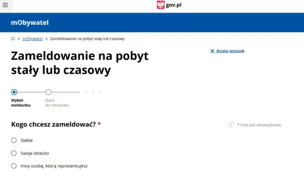 Strona mObywatel: zameldowanie na pobyt stały lub czasowy. Wybór kogo chcesz zameldować: siebie, dziecko lub inną osobę. Zmiana adresu zameldowania online.